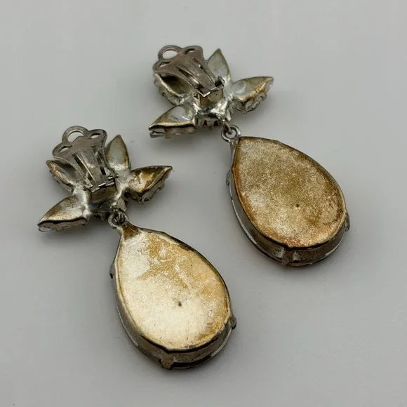 Vintage Tear Drop Smoky Topaz & Rhinestone Clip Ons Runway